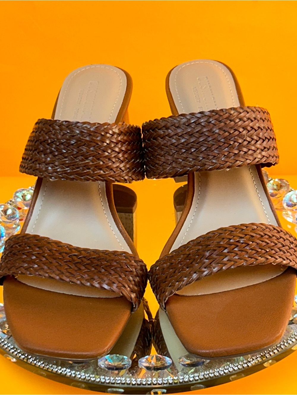 Cushionaire Woven Double-Strap Tan Slide Block Heel Sandals Size 9